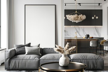Modern Interior of Stylish Living Room ,Wall Mock Up, Frame , Poster with Beautiful Background, 3d render