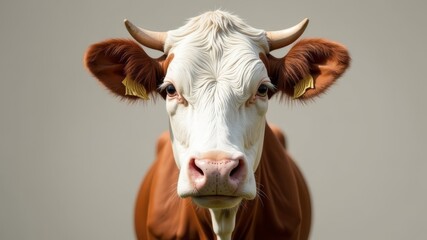 close up portrait of domestic cow on plain grey background