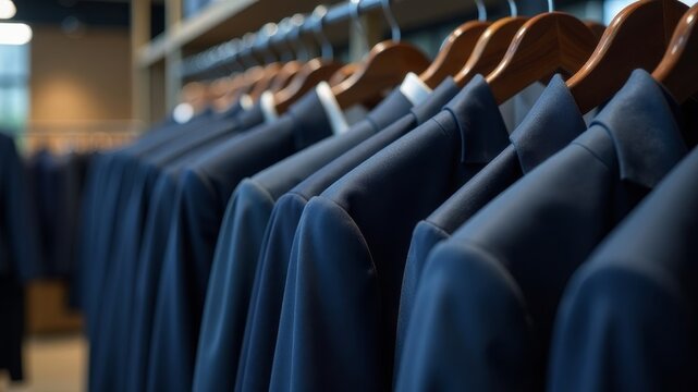 close up of Men suits in detail in a store, on hangers
