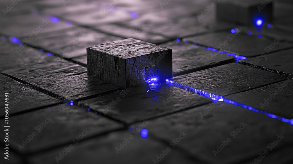 Poster illuminated blue lines connect geometric blocks on a dark textured surface in a futuristic design