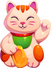 Cartoon lucky Japanese maneki neko lucky cat. Isolated vector cheerful kitten souvenir with a friendly smile and raised paw holding golden ingot. Traditional figure symbol of good luck and prosperity