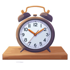 Vintage Alarm Clock: A classic black alarm clock with a wood shelf isolated on transparent background, cut out, png, cartoon illustration