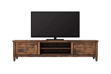 Stylish wooden TV stand with a modern design, showcasing a flat-screen television against a white isolate background.