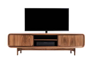 Stylish wooden TV stand with drawers, modern design, clean lines, perfect for home entertainment setup, isolated on a white background.
