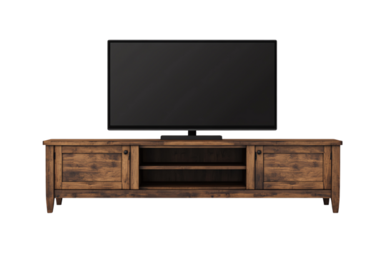 Stylish wooden TV stand with a modern design, showcasing a flat-screen television against a white isolate background.
