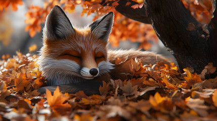 A red fox naps peacefully in a bed of autumn leaves, basking in the warm sunlight.