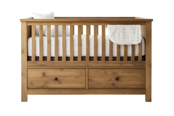 Stylish wooden baby crib with storage drawers, features soft bedding and decorative pillow, perfect for a nursery.