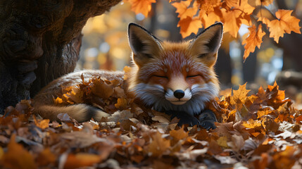 A red fox sleeps peacefully in a bed of autumn leaves, bathed in warm sunlight.