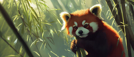 Obraz premium A red panda cub clings to a bamboo stalk, its gaze focused on the viewer, amidst the lush greenery of a bamboo forest.