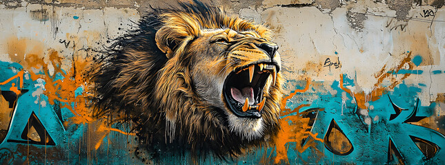 A roaring lion painted on a weathered wall with blue and orange graffiti.