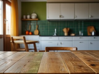 Empty wooden table with the bright white interior of the kitchen as a blurred background behind the bokeh golden sunshine
