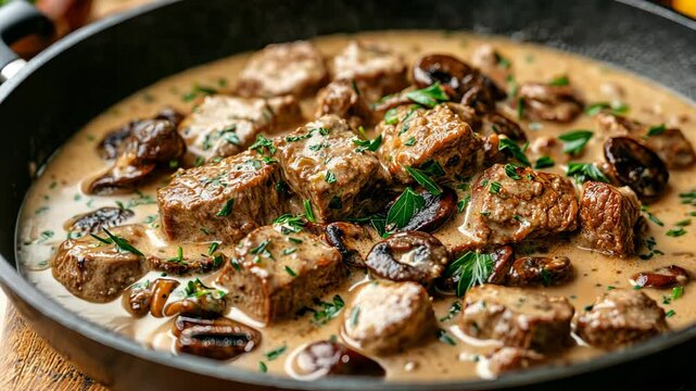delicious beef stroganoff - veal strips stewed with porcini in sour cream sauce sprinkled with finely chopped parsley on skillet, authentic recipe, view from Video