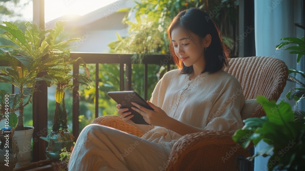 Poster a woman relaxes in a cozy wicker chair on a balcony, engrossed in reading her tablet as sunlight fil