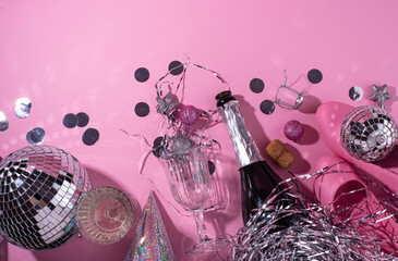 Glass of champagne with silver disco ball