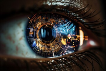 Closeup human eye with virtual hologram interface for digital verification and laser procedures