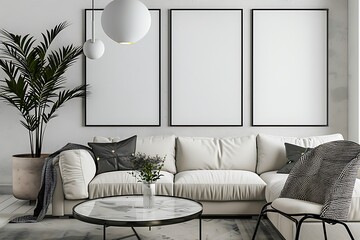 Modern Interior of Stylish Living Room ,Wall Mock Up, Frame , Poster with Beautiful Background, 3d render