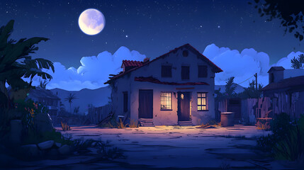 A small, abandoned house with a single light on, bathed in the glow of the moon.