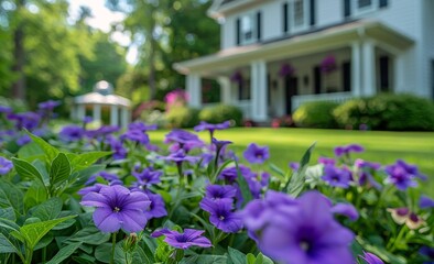 Purple Flowers Blooming in Front of a White House on a Sunny Day