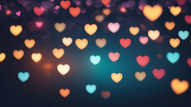  Love symbol heart shpaes in  colorful bokeh lights, concept for Valentine's Day, wedding etc. AI generated image