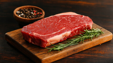 Juicy Strip Steak Ready for the Grill: A close-up of a raw, marbled strip steak resting on a rustic wooden cutting board, garnished with fresh rosemary sprigs and black peppercorns.
