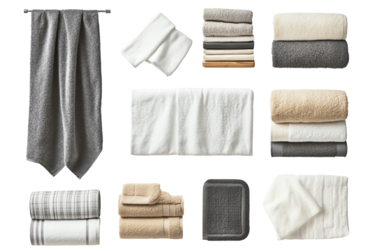 Various towels arranged neatly on a white background, showcasing soft textures and multiple colors.