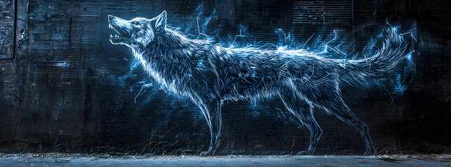 A wolf silhouette made of blue light stands out against a dark brick wall.