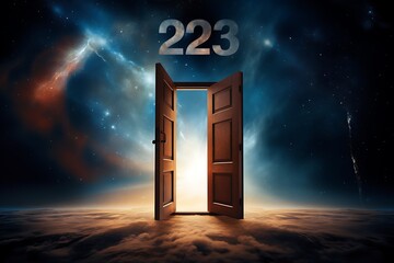 A wooden door stands open, revealing a bright, star-filled sky, with the number 223 above it. The door leads to a new beginning and a new future.