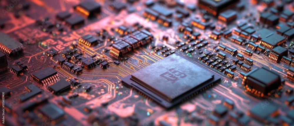 Poster close-up of a circuit board showcasing electronic components and connections.