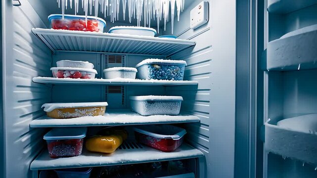 Frosty Freezer Interior Stacked with Frozen Food Containers

