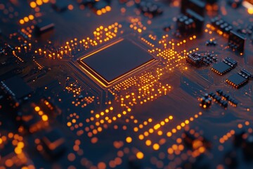 cybersecurity - microchip macro closeup 3d mesh backdrop. Information technology data science concept. circuit board