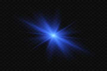 Light effect.Blue star.Flash of stars and rays.On a transparent background.