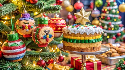 Fototapeta premium Close-Up of Unique Cultural Christmas Decorations and Foods from Around the World – Featuring Panettone, Piñatas, and Julbock