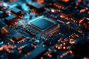 cybersecurity - microchip macro closeup 3d mesh backdrop. Information technology data science concept. circuit board