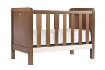 Wooden baby crib with a soft mattress, designed for comfort and safety in any nursery.
