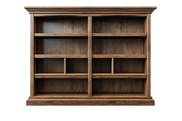 Wooden bookshelf with multiple compartments, perfect for organizing books and decorative items, isolated on white background.