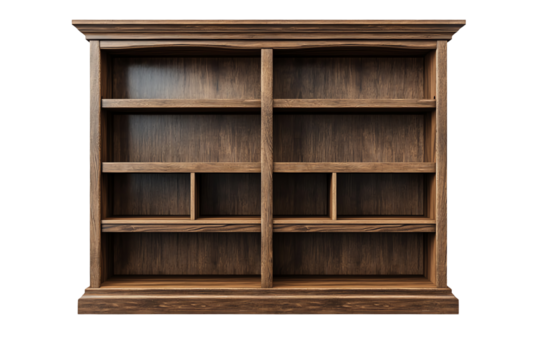 Wooden bookshelf with multiple compartments, perfect for organizing books and decorative items, isolated on white background.