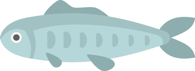 Simple cartoon style icon of a small blue fish swimming with its fins outstretched, side view