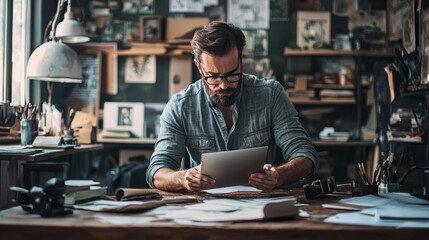 Fototapeta premium Focused man reviewing documents in a creative workspace