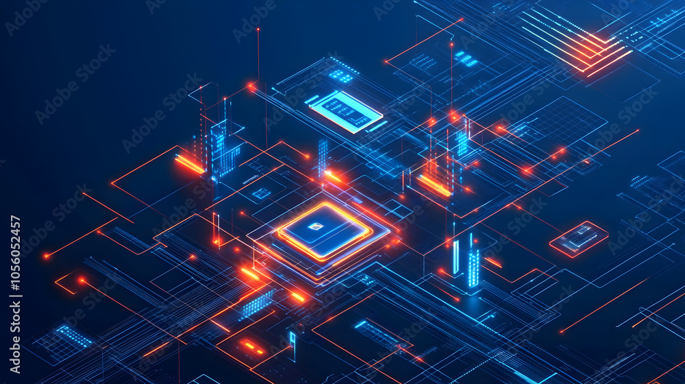Wall mural abstract digital network with glowing lines, a central processing unit and circuit boards on a dark 