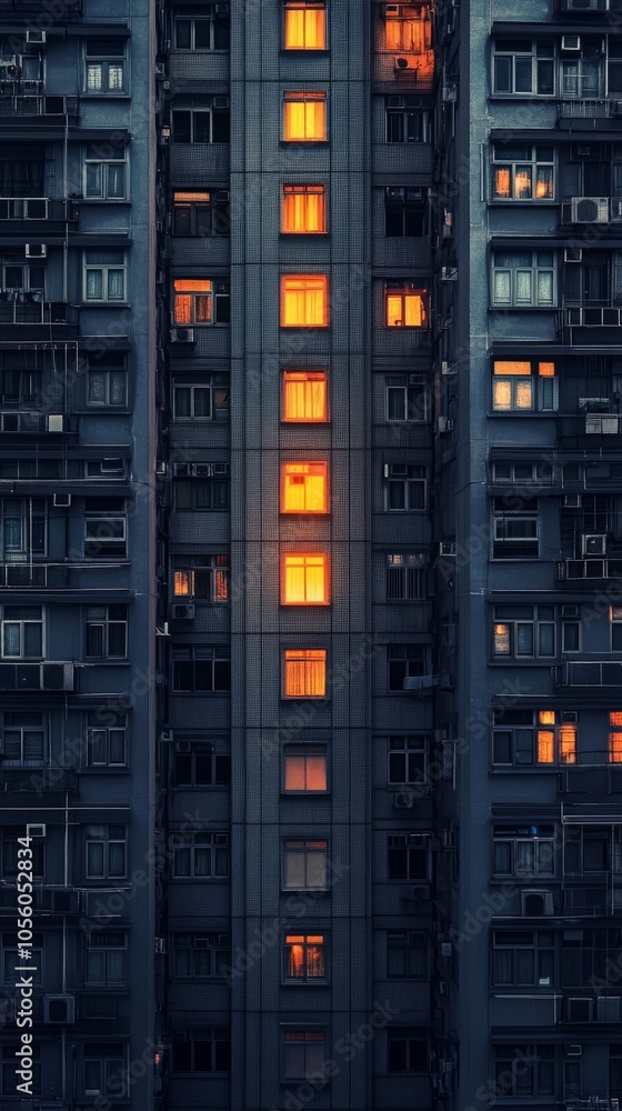 Poster a tall building with many windows and a long, narrow section of windows