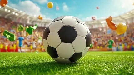 Fototapeta premium Soccer ball flying towards goal, capturing vibrant energy of tournament play with excited crowd in stadium.