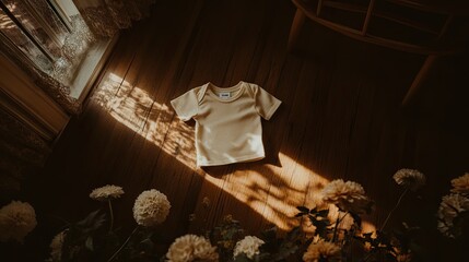 Obraz premium Soft-colored children's t-shirt on wooden floor, surrounded by fresh flowers, capturing a natural, cheerful vibe.