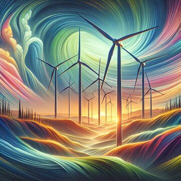 Wind turbines stand against a colorful swirling sky, symbolizing clean energy.