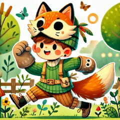 Fototapeta premium Child in Fox Costume Enjoying Nature, Illustration
