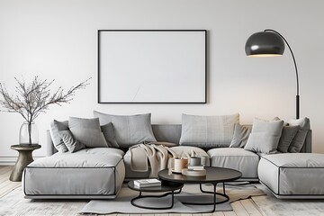 Modern Interior of Stylish Living Room ,Wall Mock Up, Frame , Poster with Beautiful Background, 3d render