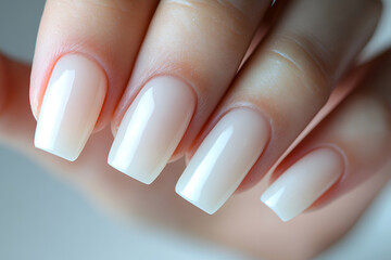 Close-up of manicured nails with a glossy natural finish, showcasing elegant, smooth, and healthy nails in soft lighting