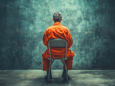 A prisoner in an orange jumpsuit sits alone on a chair facing a blank wall.