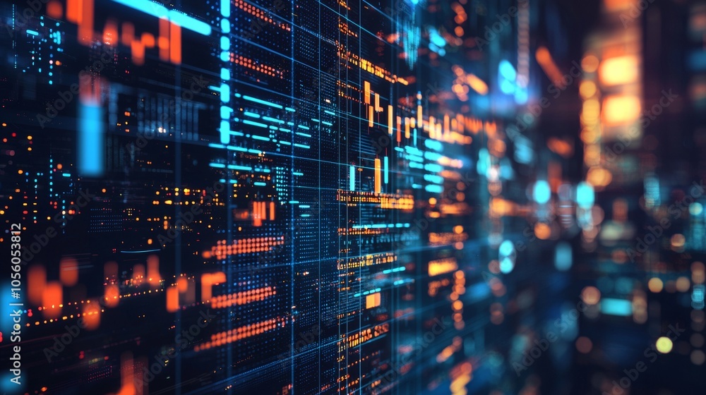 Poster abstract digital data visualization with glowing orange and blue elements