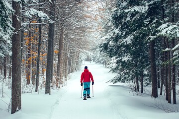 Skieur solitaire sur un sentier forestier enneig&eacute;
