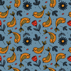 The background of birds is a fancy illustration of the fabric. Chicken, leaves and flowers. A hand-drawn illustration.